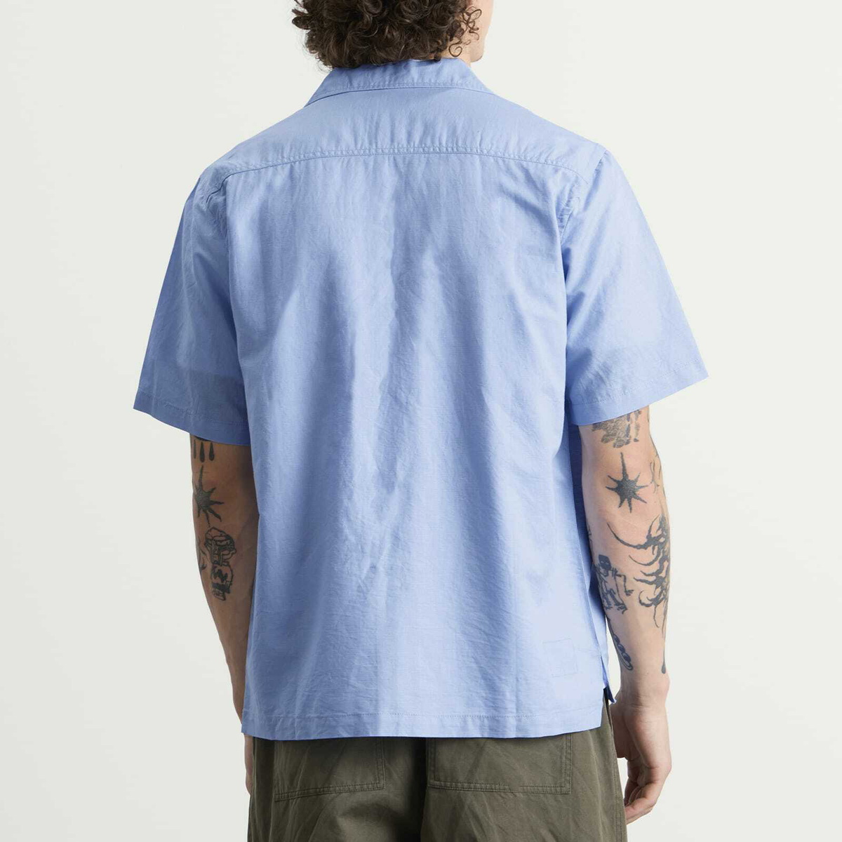 Universal Works Men's Linen Cotton Camp Shirt in Pale Blue