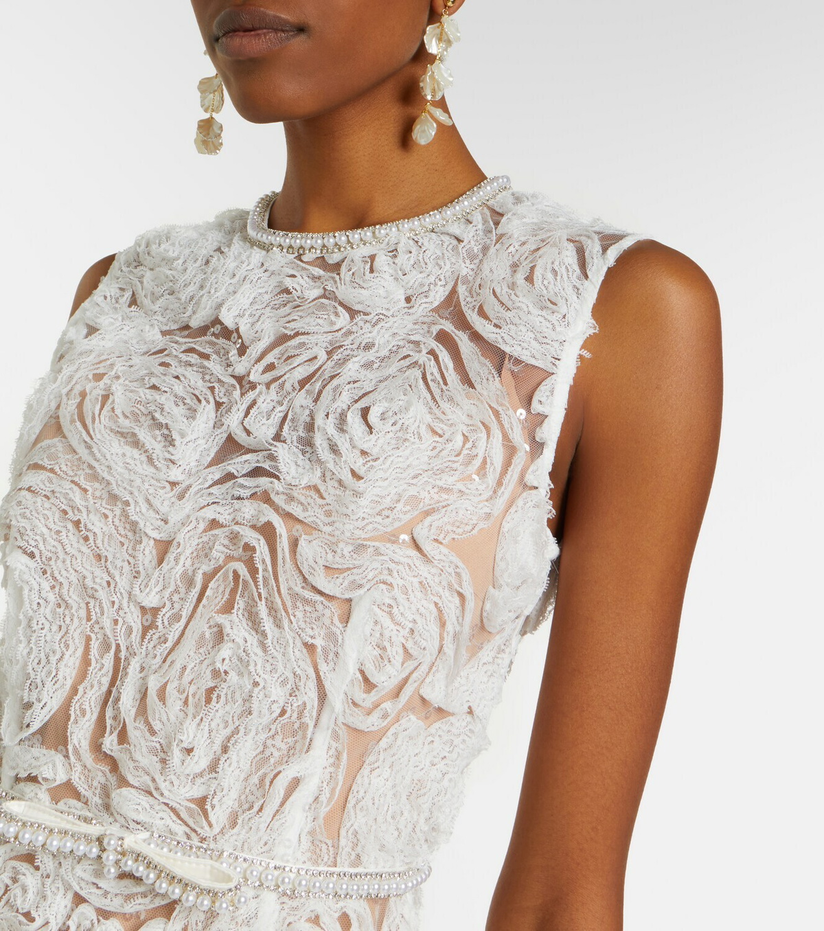 Self-Portrait Embellished lace-trimmed tulle midi dress