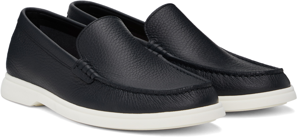 BOSS Navy Tumbled-Leather Loafers BOSS display picture 3