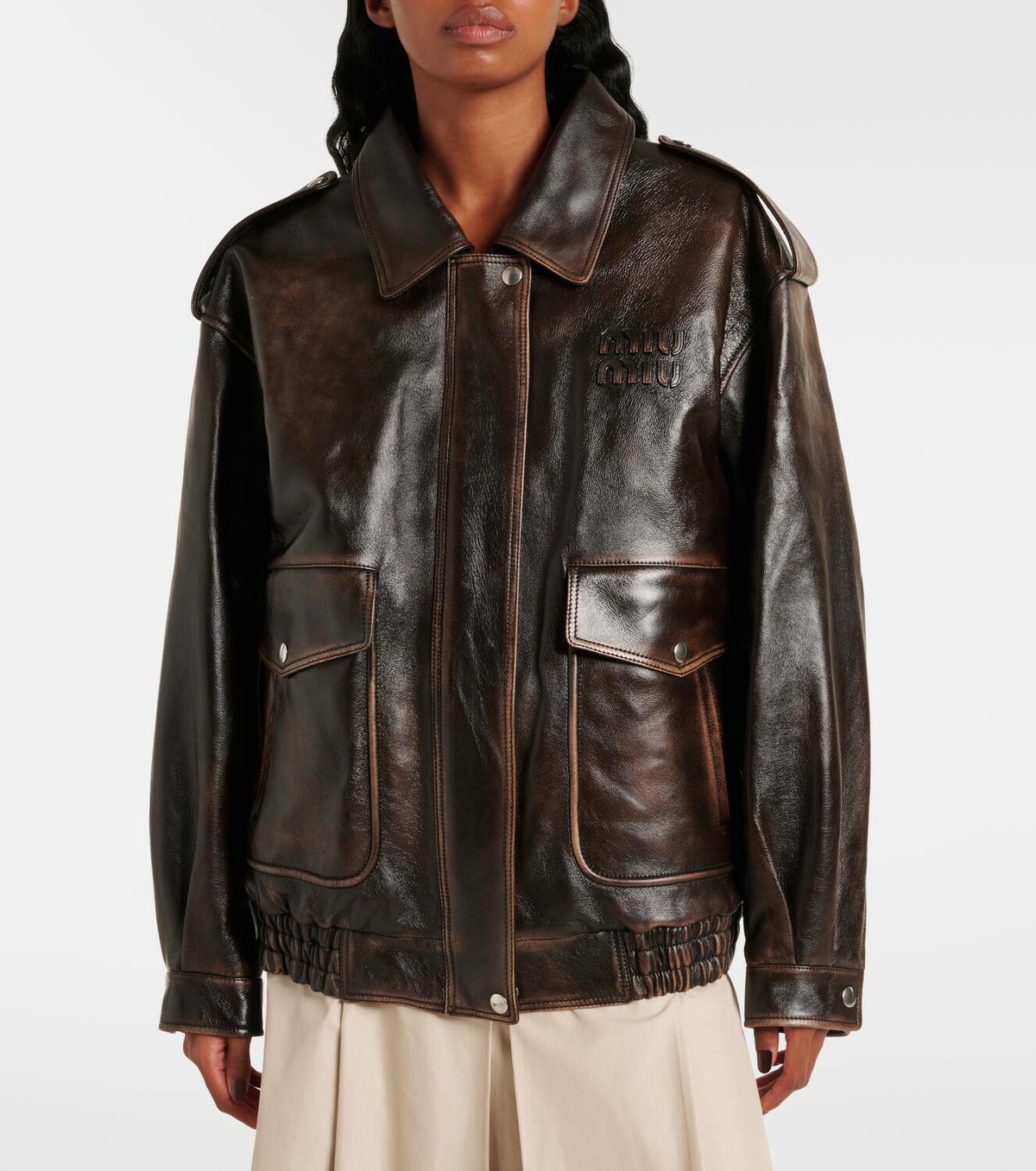 Miu Miu Logo faux shearling-trimmed leather jacket