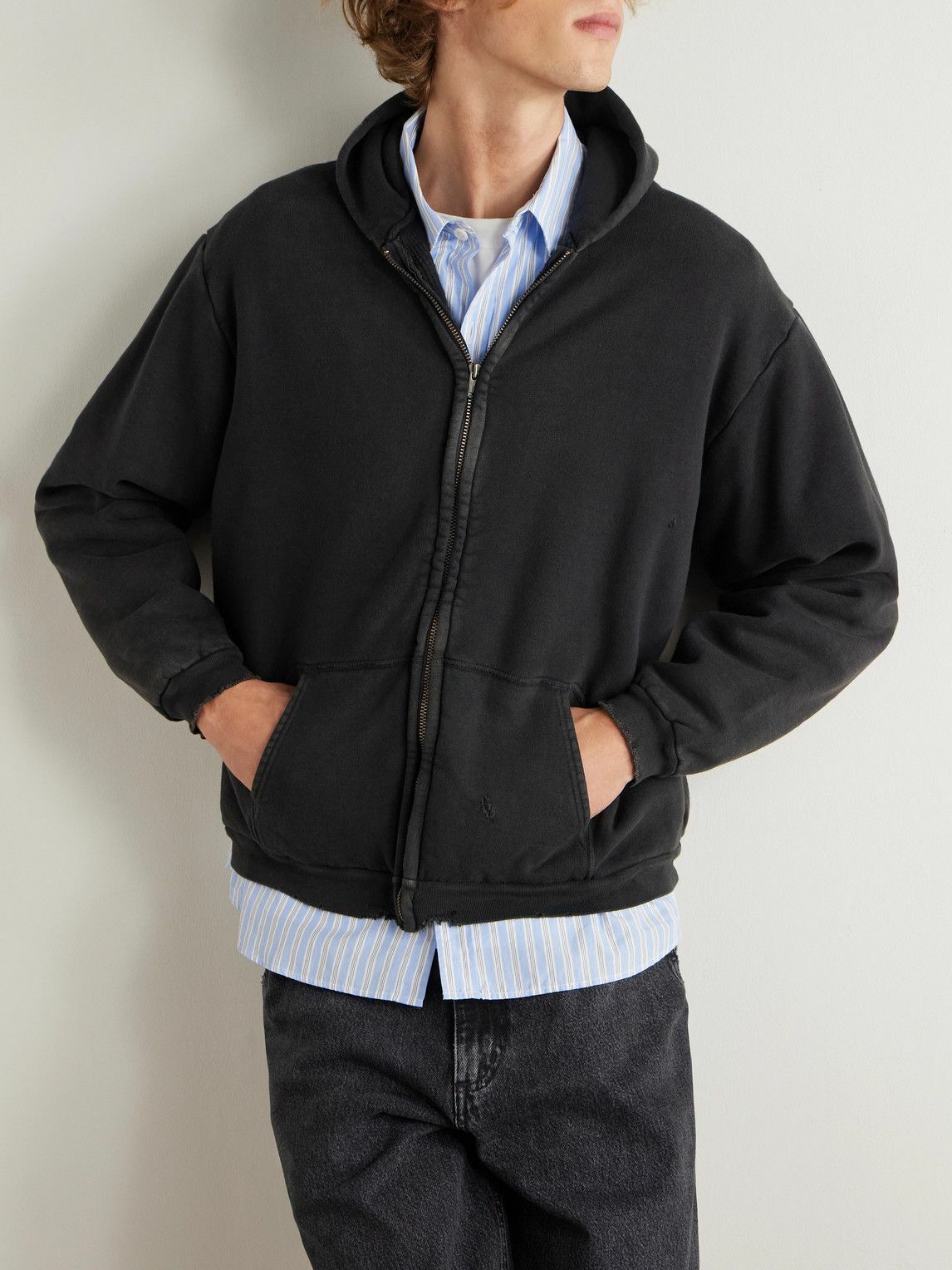A.PRESSE - Vintage Cotton-Jersey Zip-Up Hoodie - Black A.PRESSE