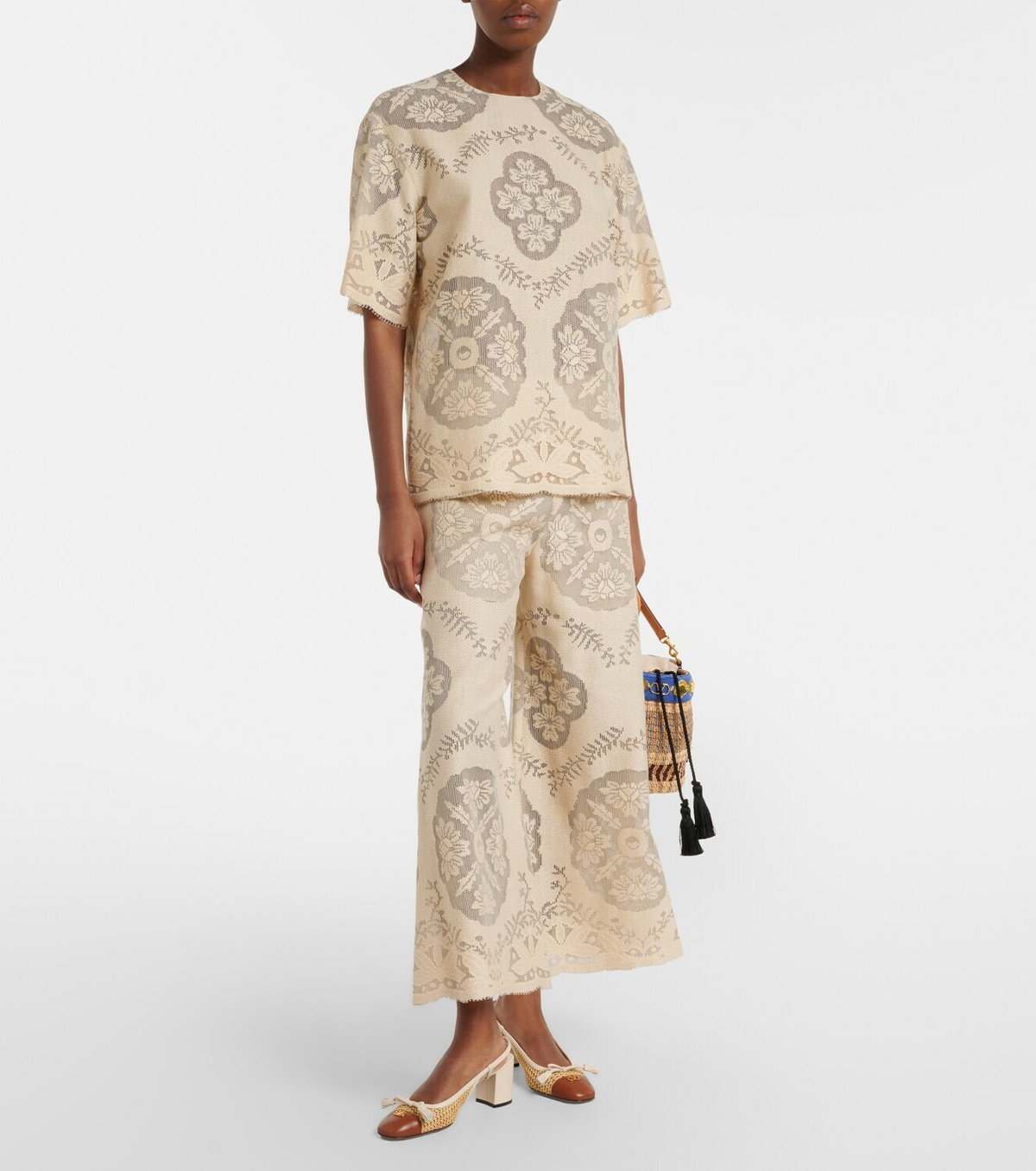 Valentino Embroidered cotton-blend wide-leg pants