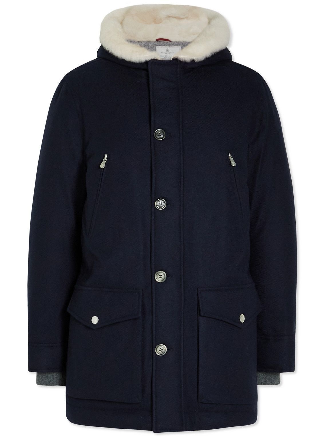 Photo: Brunello Cucinelli - Shearling-Trimmed Wool, Silk and Cashmere-Blend Hooded Down Parka - Blue