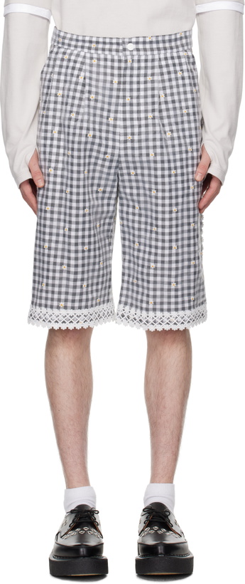 Photo: Anna Sui SSENSE Exclusive Black & Gray Daisy Embroidery On Gingham Shorts