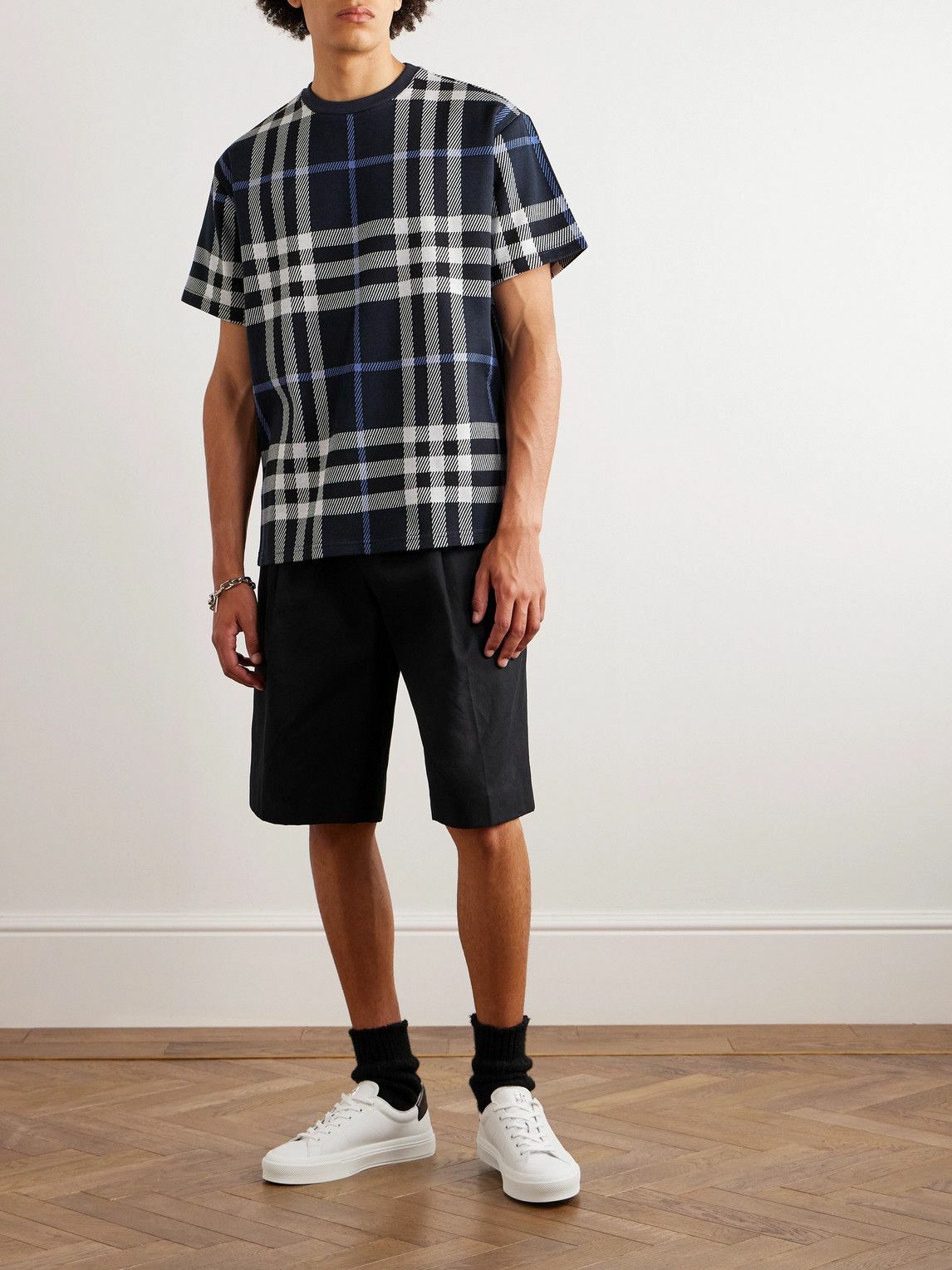 Burberry - Checked Cotton T-Shirt - Blue Burberry
