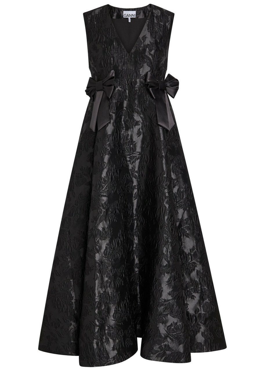 Ganni Floral-jacquard Cloqué Midi Dress Black