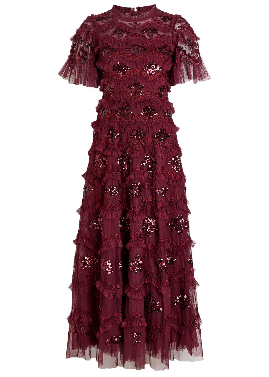 Needle & Thread Daisy Wave Ruffled Sequin-embellished Tulle Gown Burgundy