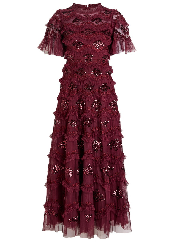 Photo: Needle & Thread Daisy Wave Ruffled Sequin-embellished Tulle Gown Burgundy