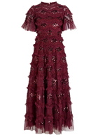 Needle & Thread Daisy Wave Ruffled Sequin-embellished Tulle Gown Burgundy