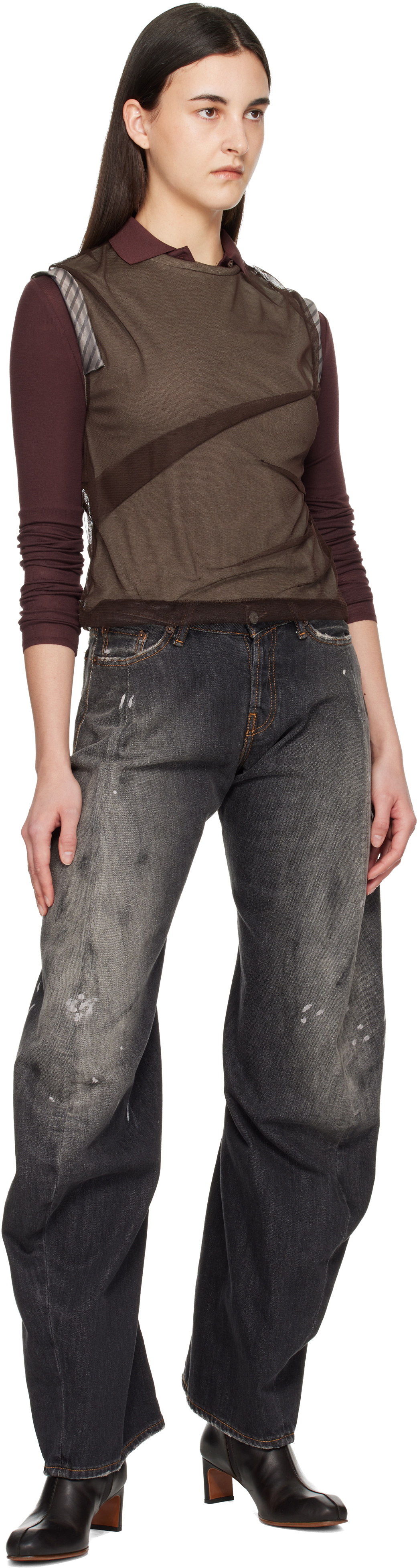 Andersson Bell Brown Layered Mesh Tuck & Dart Top
