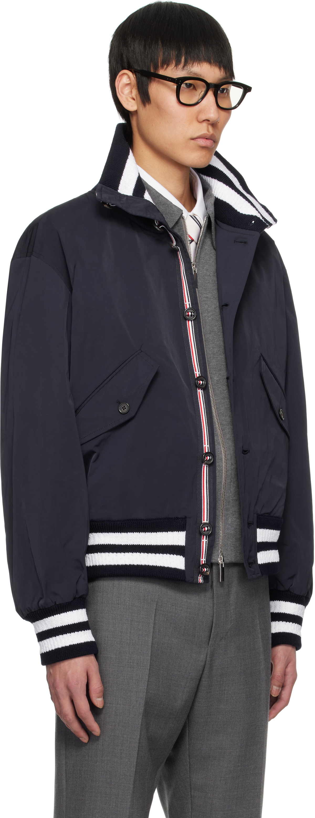 Thom Browne Navy Tech Flight Bomber Jacket