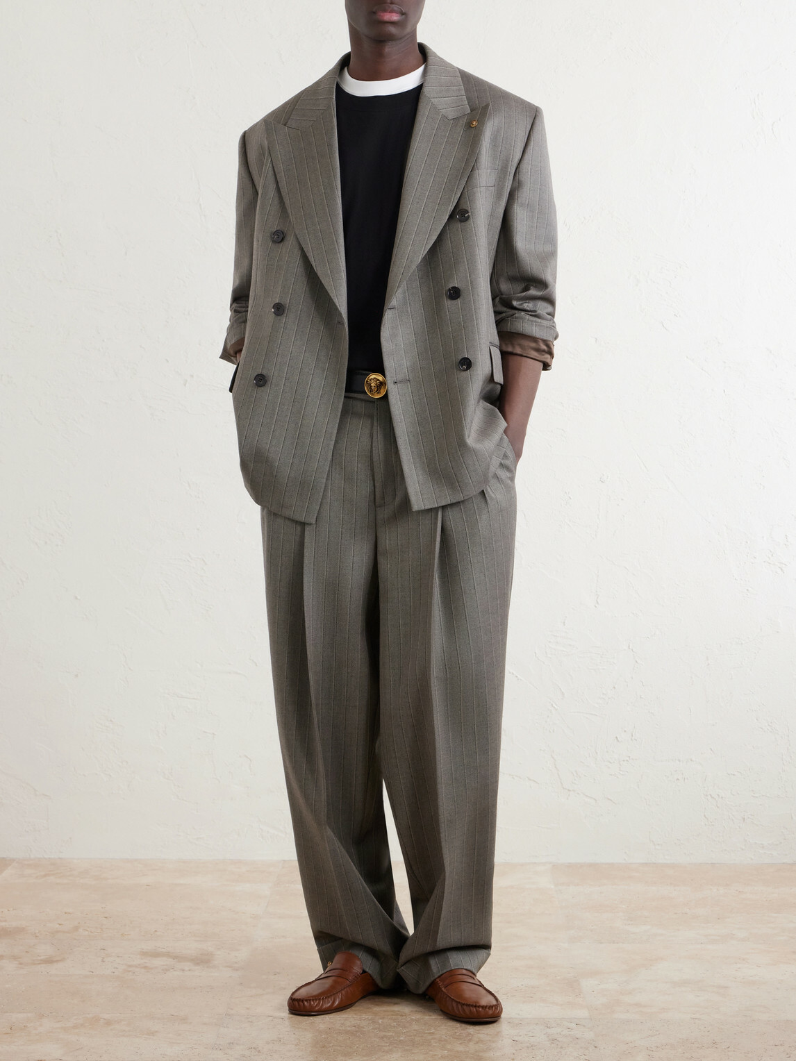 Versace - Double-Breasted Pinstriped Wool-Twill Blazer - Gray