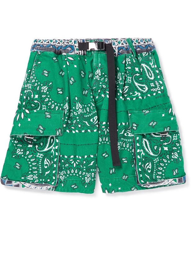 Photo: Sacai - Wide-Leg Belted Bandana-Print Denim Cargo Shorts - Green