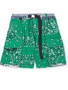 Sacai - Wide-Leg Belted Bandana-Print Denim Cargo Shorts - Green
