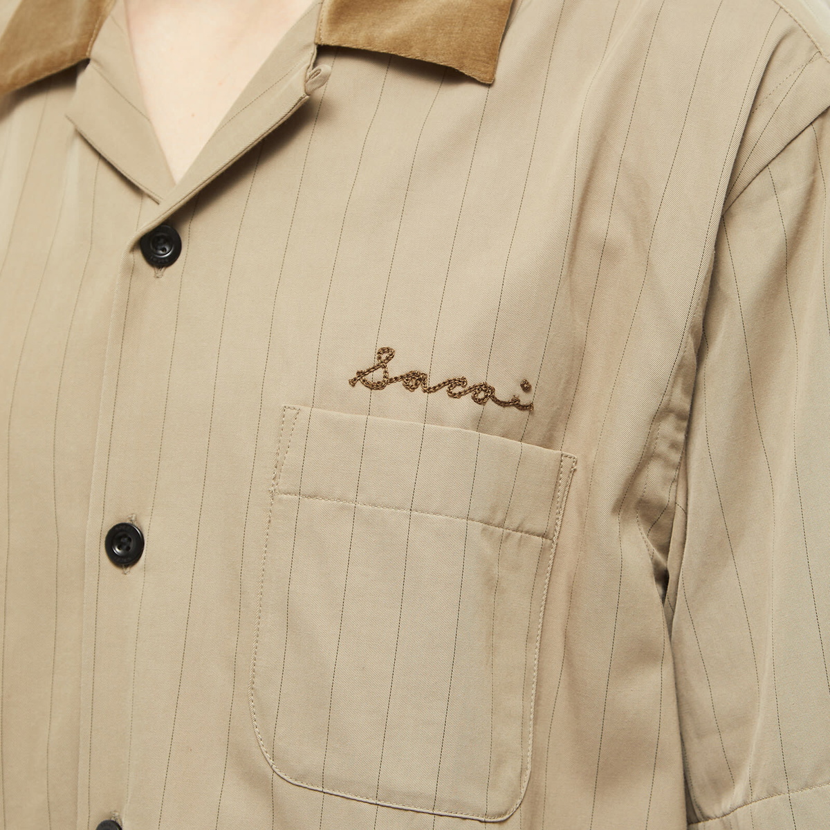 Sacai Men's Chalk Stripe Bowling Shirt in Beige Sacai