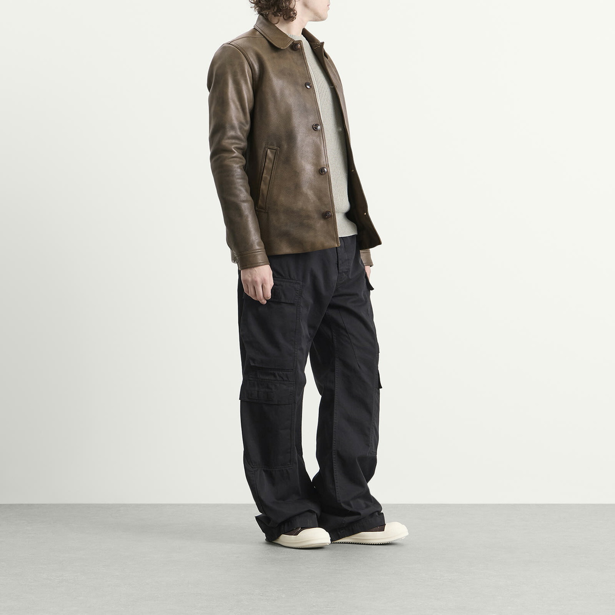 Rick Owens Men's Buttoned Leather Brad Jacket in Washed Black