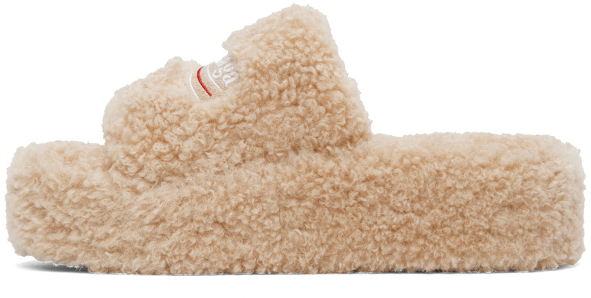 Balenciaga Beige Furry Platform Slides Balenciaga