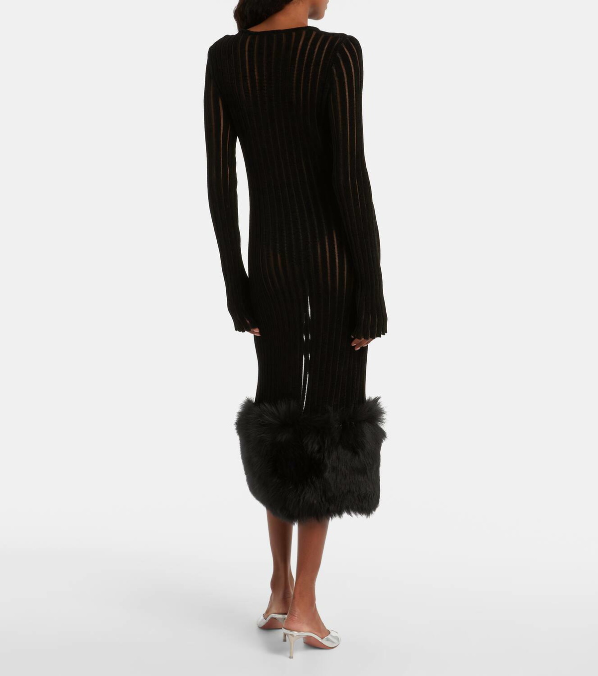 Blumarine Knit faux fur-trimmed midi dress