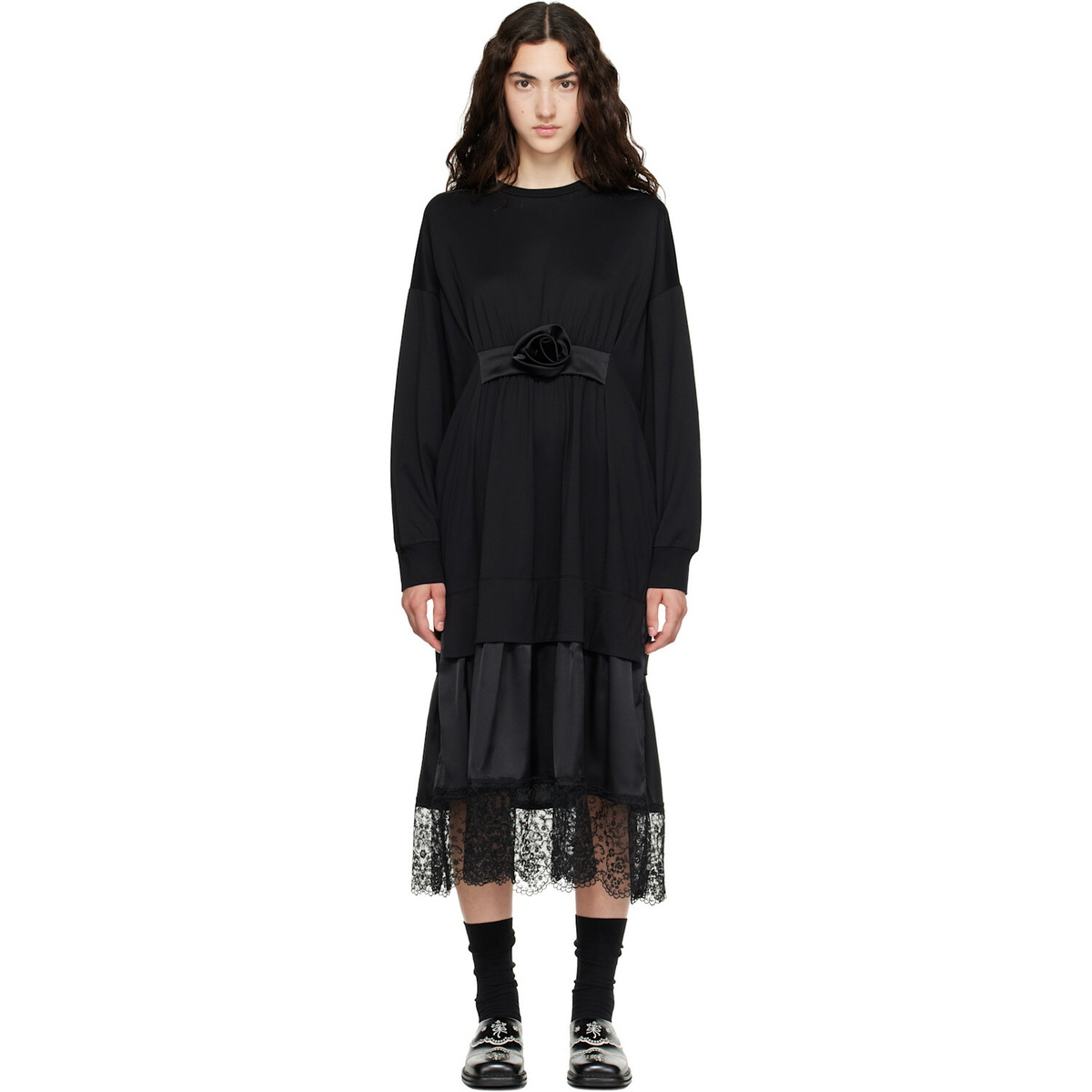 Simone Rocha Black Oversized Gathered Rose Lace Trim Midi Dress