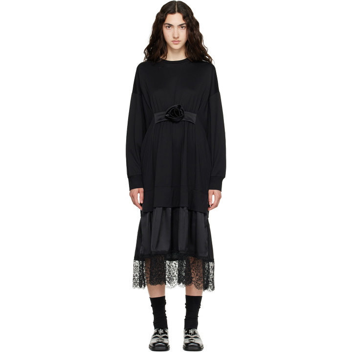 Photo: Simone Rocha Black Oversized Gathered Rose Lace Trim Midi Dress