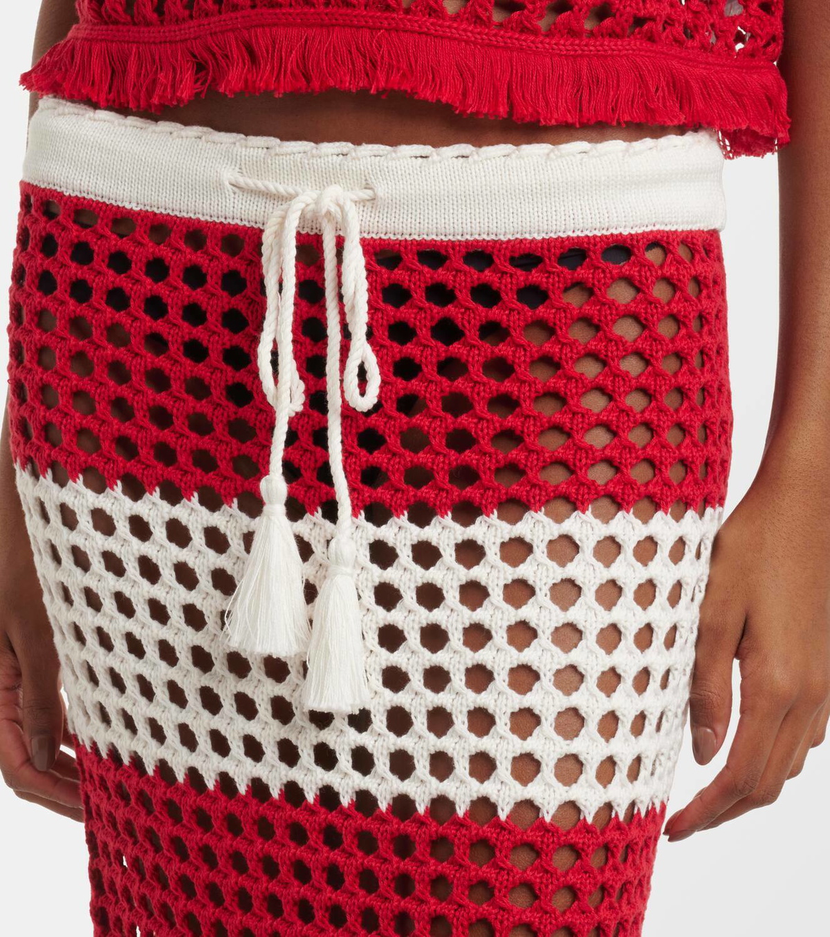 【Farm Rio】ストライプ crochetコットン maxiスカート FARM RIO Fringed striped crocheted cotton midi skirt | NET-A