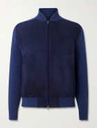 SEASE - Suede and Ribbed Cotton and Cashmere-Blend Bomber Jacket - Blue