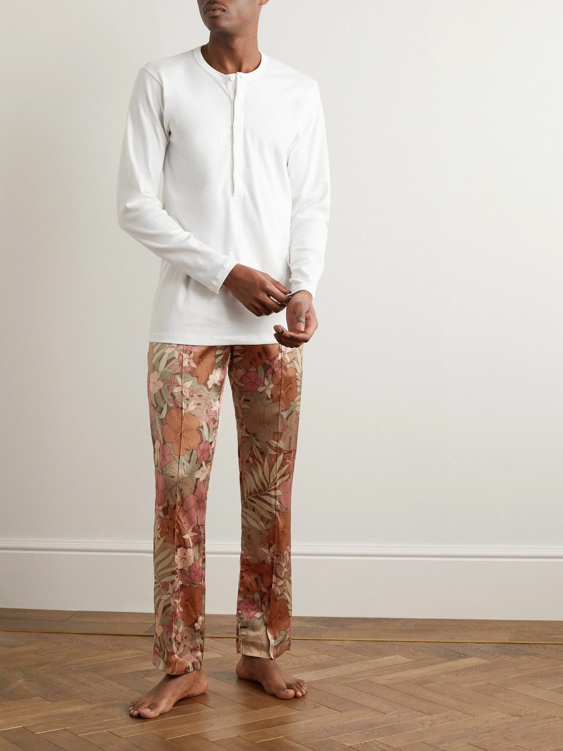 Tom Ford Velvet Trimmed Floral Print Stretch Silk Satin Pyjama