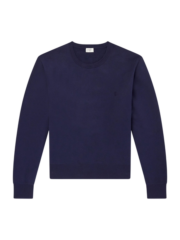 Photo: SAINT LAURENT - Logo-Embroidered Cotton-Jersey Sweatshirt - Blue