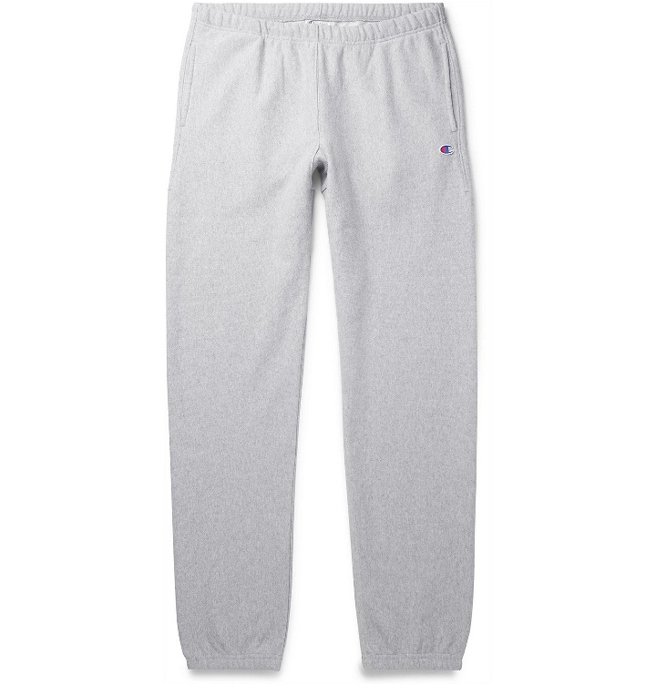 Photo: Champion - Slim-Fit Melange Fleece-Back Cotton-Blend Jersey Sweatpants - Gray