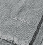 TOM FORD - Fringed Logo-Embroidered Herringbone Brushed-Wool Scarf - Gray
