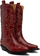 GANNI Red Mid Shaft Embroidered Western Boots
