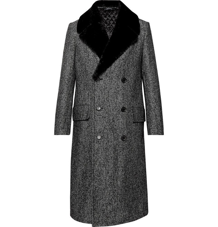 Photo: Dunhill - Double-Breasted Shearling-Trimmed Herringbone Wool-Blend Coat - Men - Black