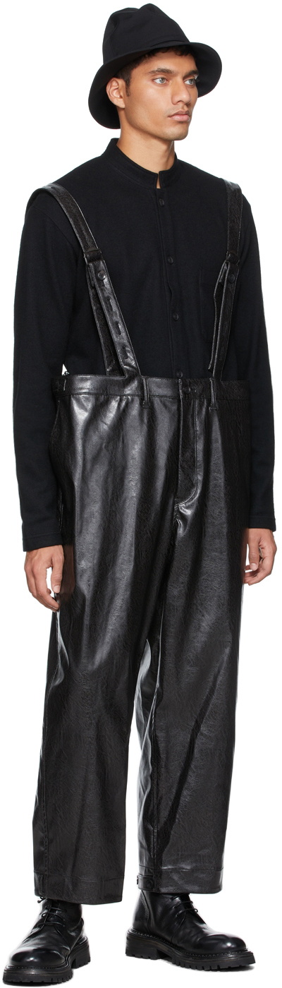 Yohji Yamamoto Black Faux-Leather Fringe Suspender Pants Yohji