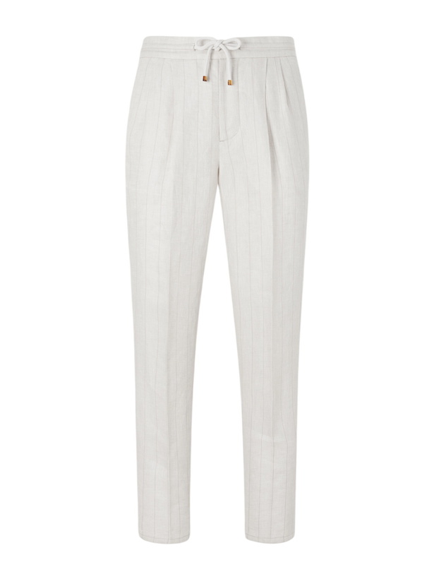 Photo: Brunello Cucinelli - Straight-Leg Pinstriped Pleated Linen Trousers - White