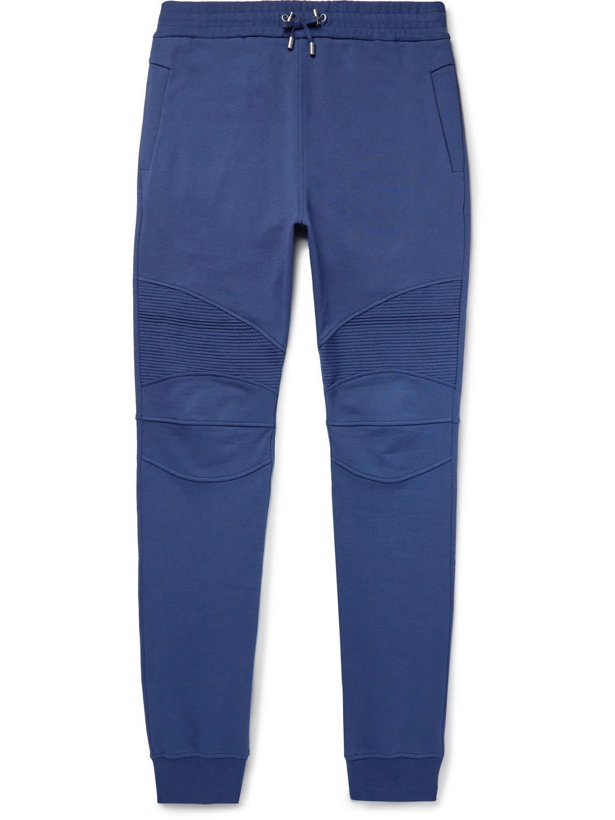 Photo: Balmain - Tapered Logo-Appliquéd Panelled Cotton-Jersey Sweatpants - Blue