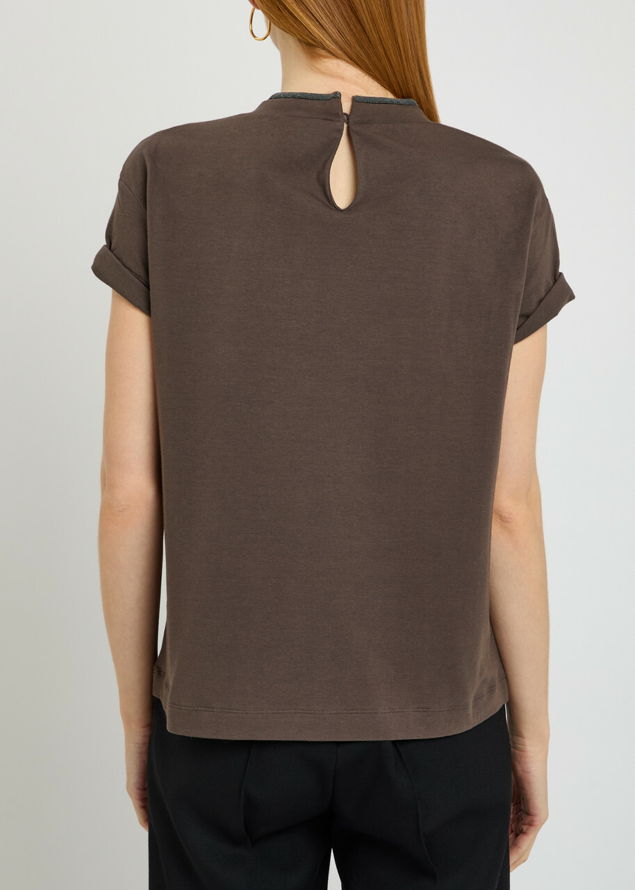 Brunello Cucinelli Crystal-embellished Stretch-cotton T-shirt Dark Brown