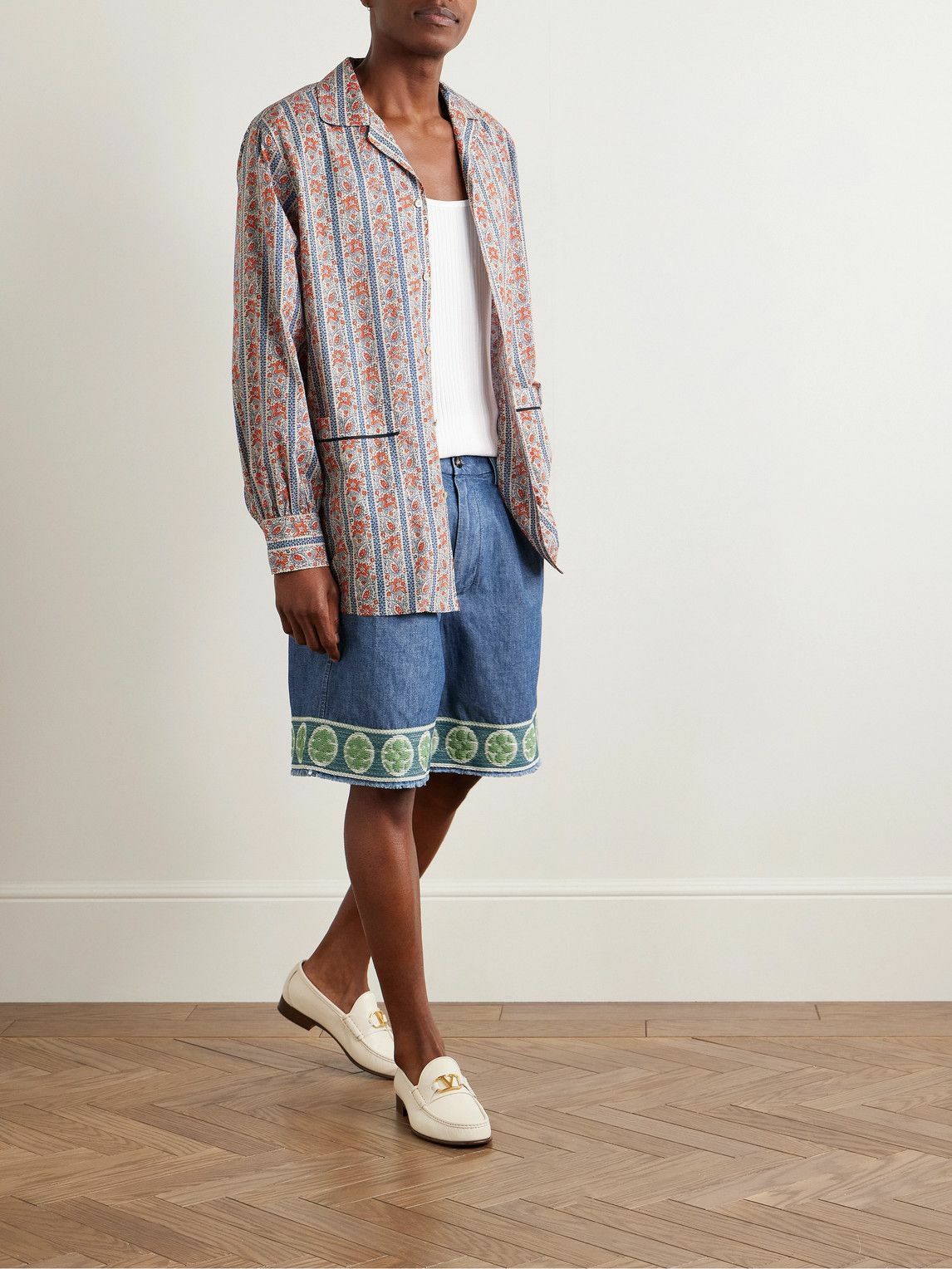 Valentino Garavani - Wide-Leg Pleated Embroidered Denim Shorts - Blue