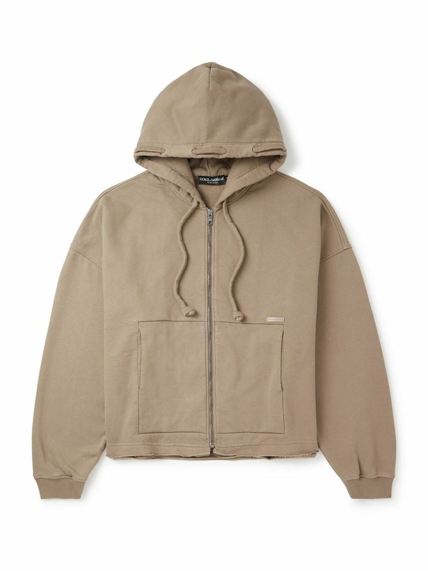 Photo: Dolce&Gabbana - Oversized Logo-Appliquéd Cotton-Jersey Zip-Up Hoodie - Brown