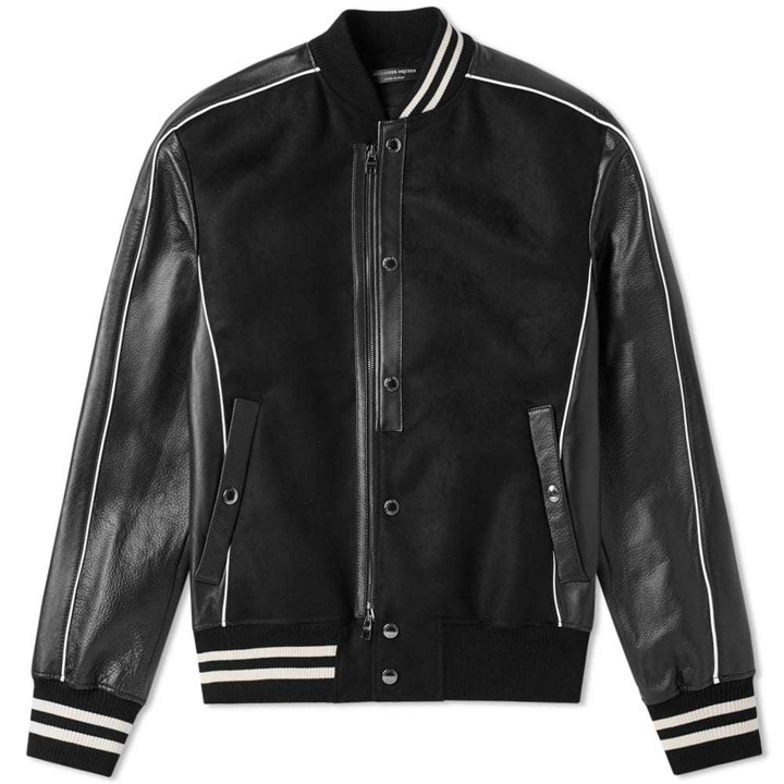 Photo: Alexander McQueen Leather Sleeve Varsity Jacket Black