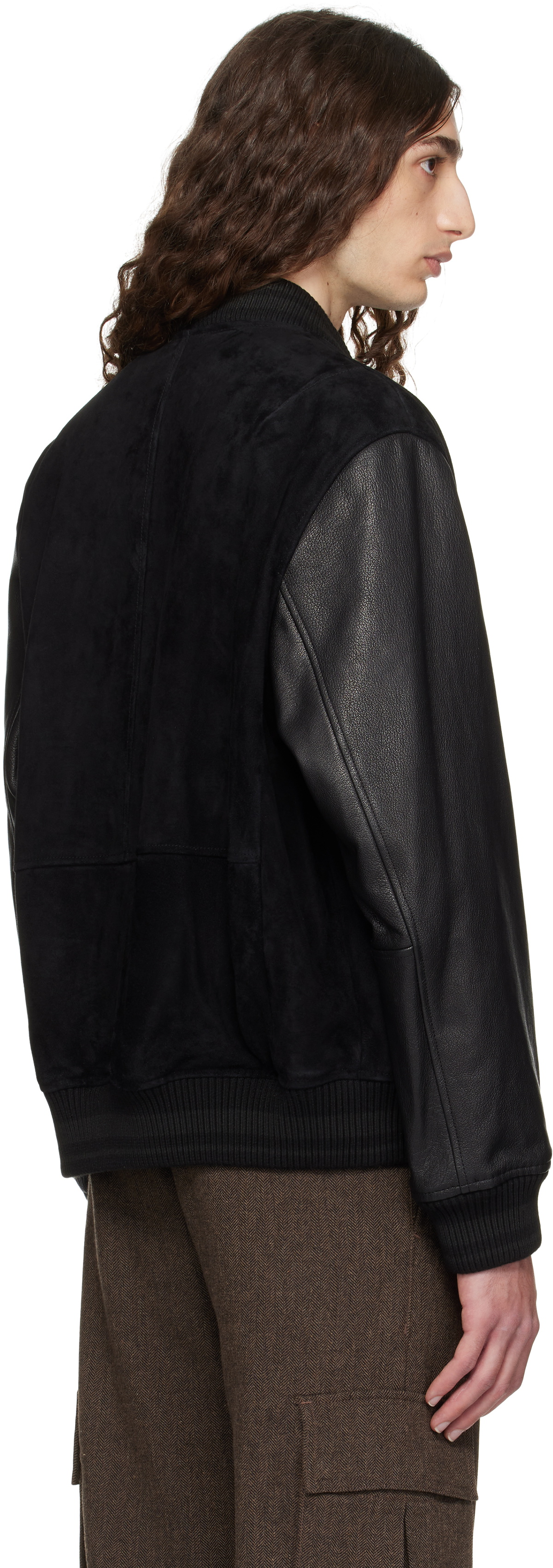 Hugo Black Embossed-Logo Leather Bomber Jacket