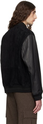 Hugo Black Embossed-Logo Leather Bomber Jacket