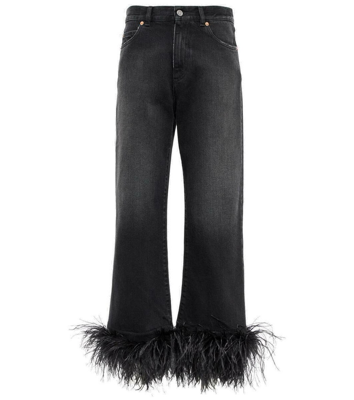 Photo: Valentino Feather-trimmed high-rise wide-leg jeans