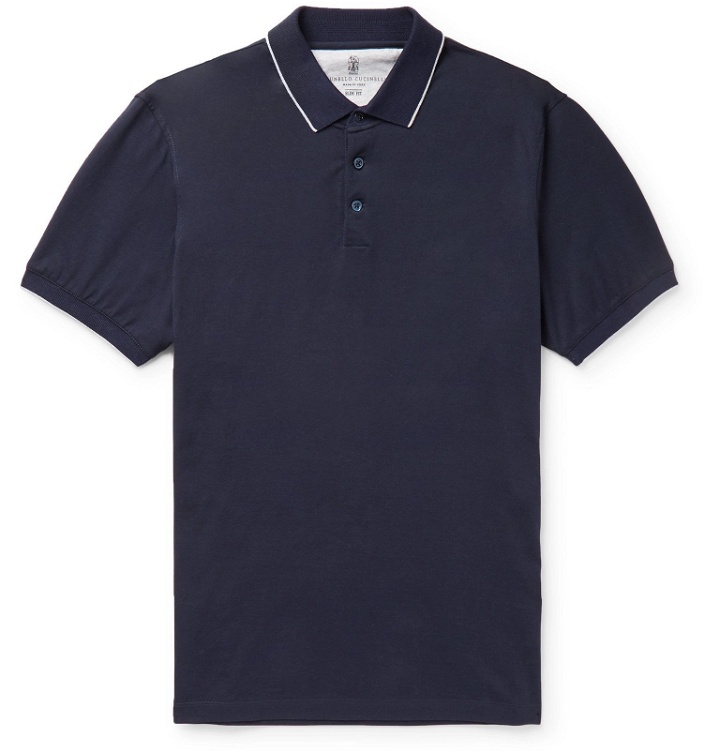 Photo: Brunello Cucinelli - Slim-Fit Contrast-Tipped Cotton-Piqué Polo Shirt - Blue