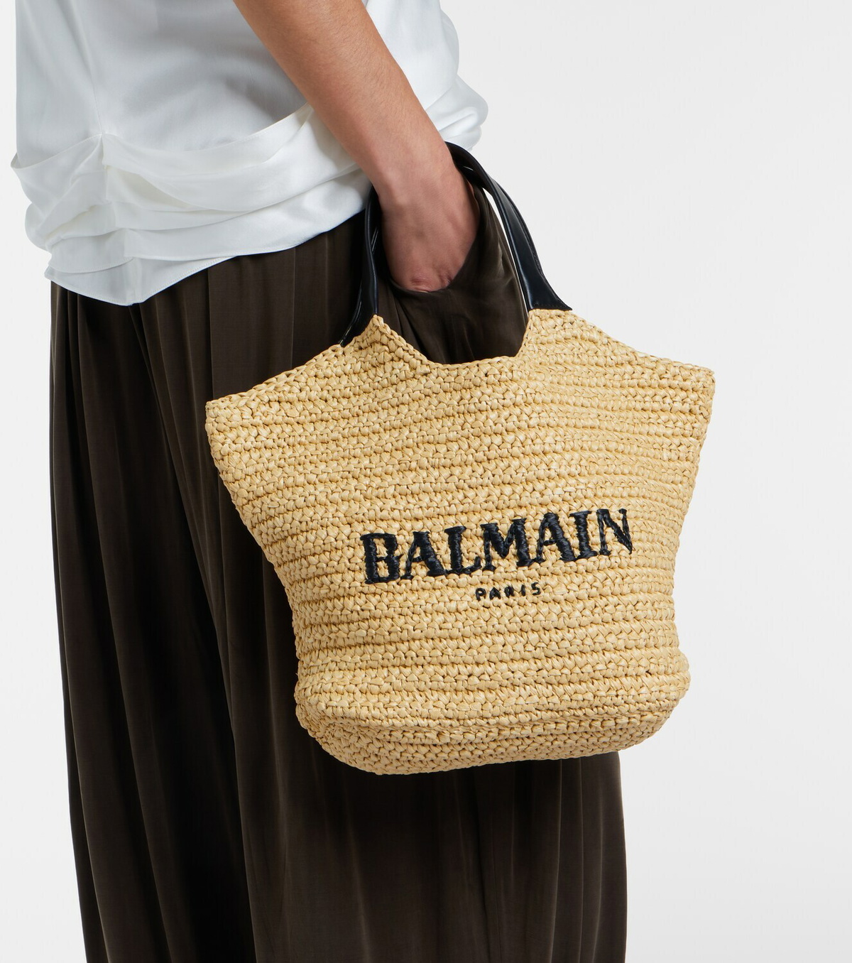Balmain Logo raffia-effect top-handle bag