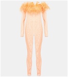 Oseree - Feather-trimmed mesh jumpsuit