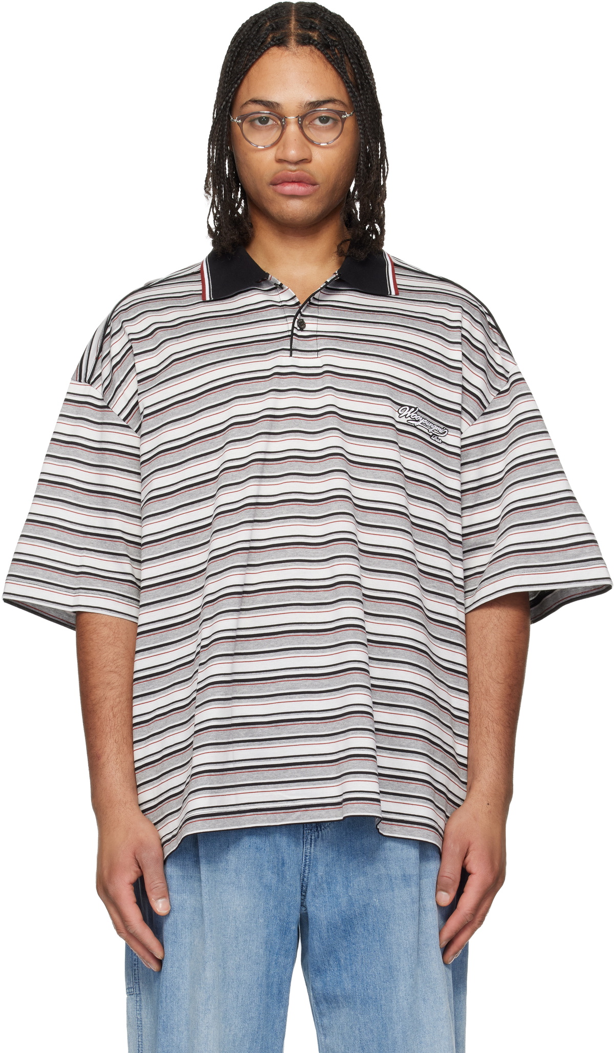 WOOYOUNGMI Gray & White Striped Polo