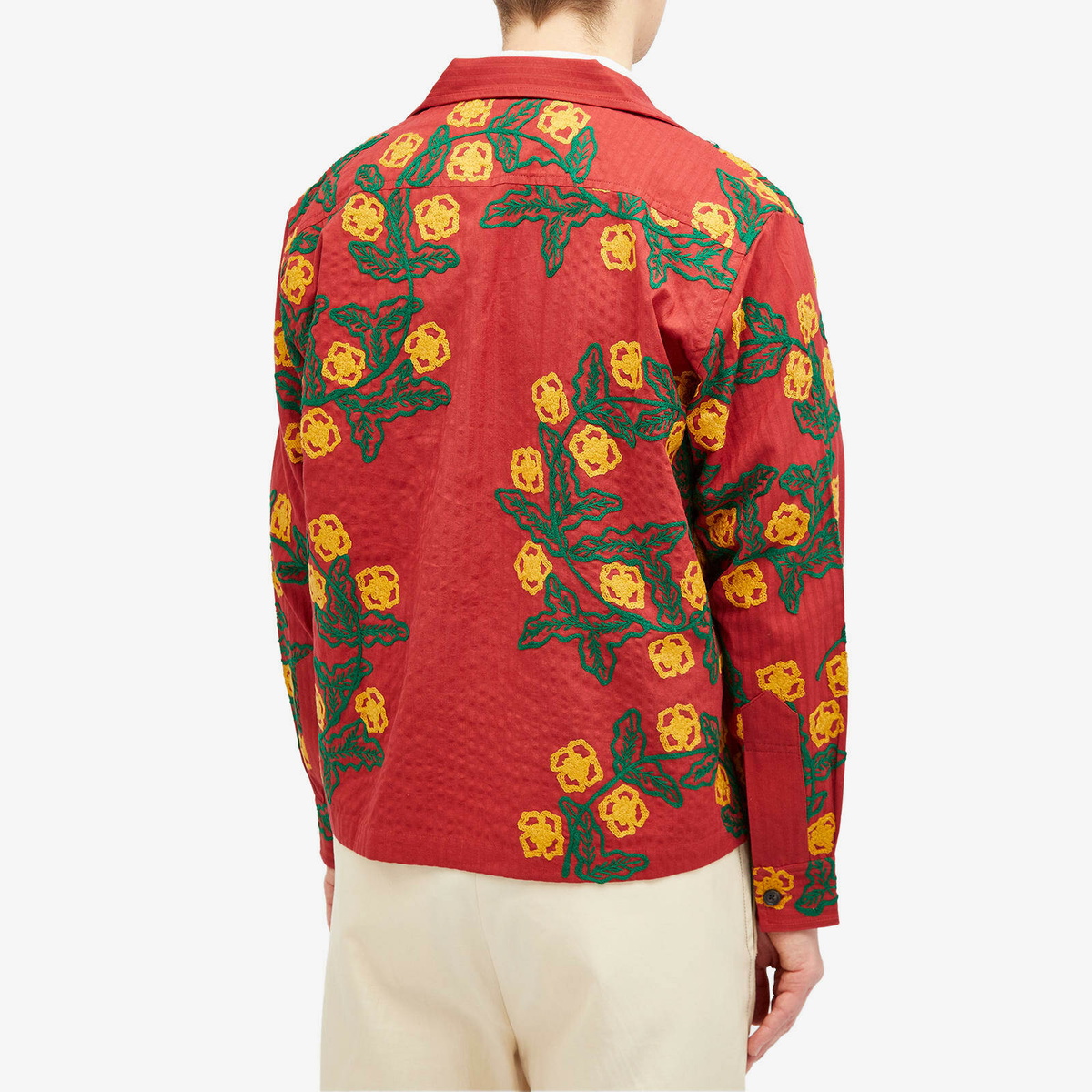 Bode Men's Marigold Wreath Shirt Jacket in Maroon Bode Bode Men's Marigold Wreath Shirt Jacket in Maroon Bode