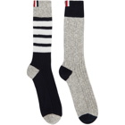 Thom Browne Navy and Grey Chunky Rib 4-Bar Mid-Calf Socks