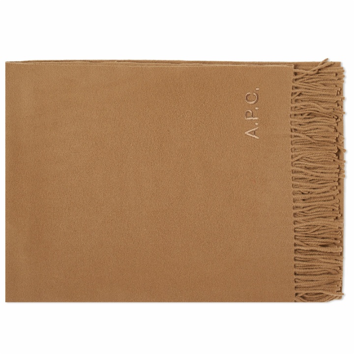 Photo: A.P.C. Women's Brodee Logo Scarf in Camel