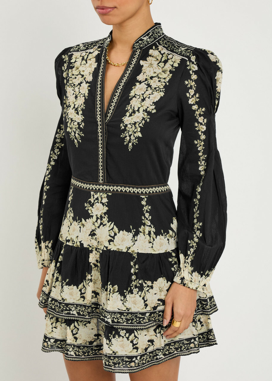 Alice + Olivia Valencia Floral-print Cotton Mini Dress Black